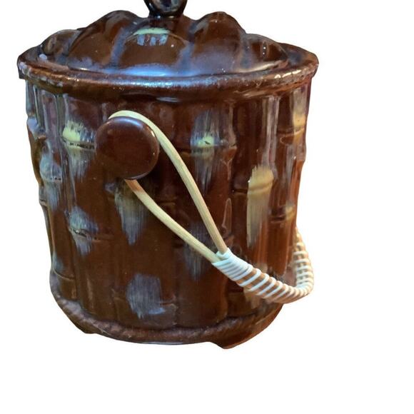 REDWARE 1960's Bamboo Cookie Biscuit Jar Rattan Handle JAPAN - Picture 4 of 8